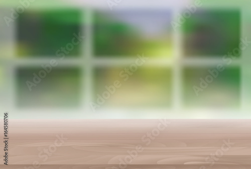 Wood Table Top on Blur Natural Green Background for Display, Mon
