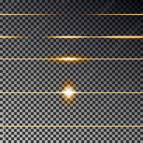 Yellow transparent lines effect collection. Flare light vector. Divider line seamless.