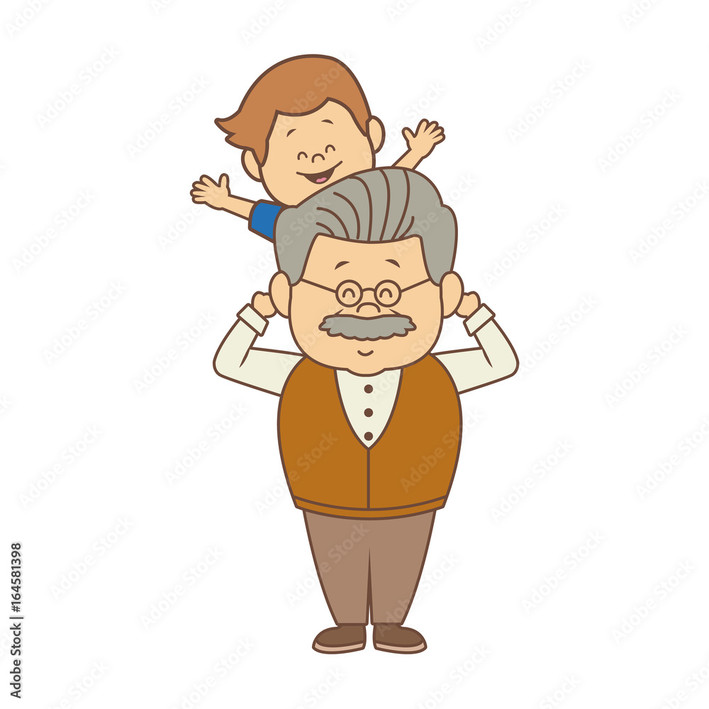 cartoon happy grandpa and his grandson on white background