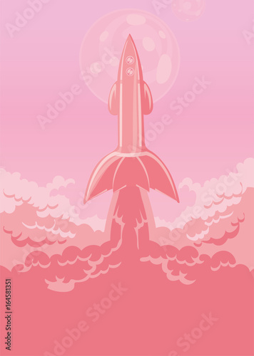 Fototapeta Naklejka Na Ścianę i Meble -  Rocket launch, flying space ship and cloud of smoke. Vector illustration with copy space.