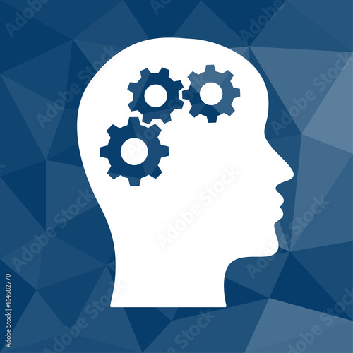 Kopf mit Zahnräder - Brainstorming - Icon mit geometrischem Hintergrund blau