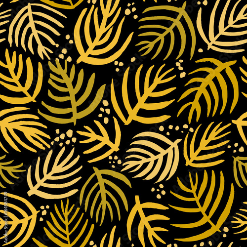 Exotic gold leaves on black background. Seamless vector pattern 