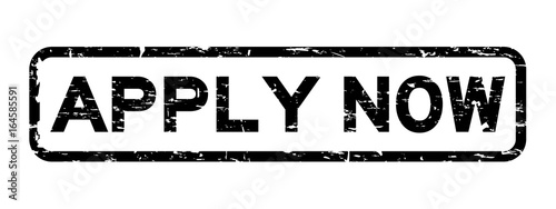 Grunge black apply now square rubber seal stamp on white background