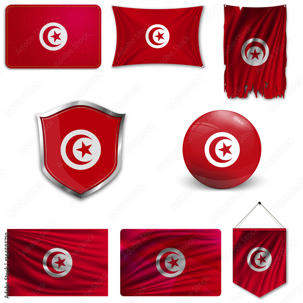 Set of the national flag of Tunisia in different designs on a white background. Realistic vector illustration. Set of the national flag of Tunisia in different designs on a white background. Realistic vector illustration.
