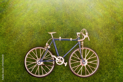 Mini retro blue toy bike on the grass meadow