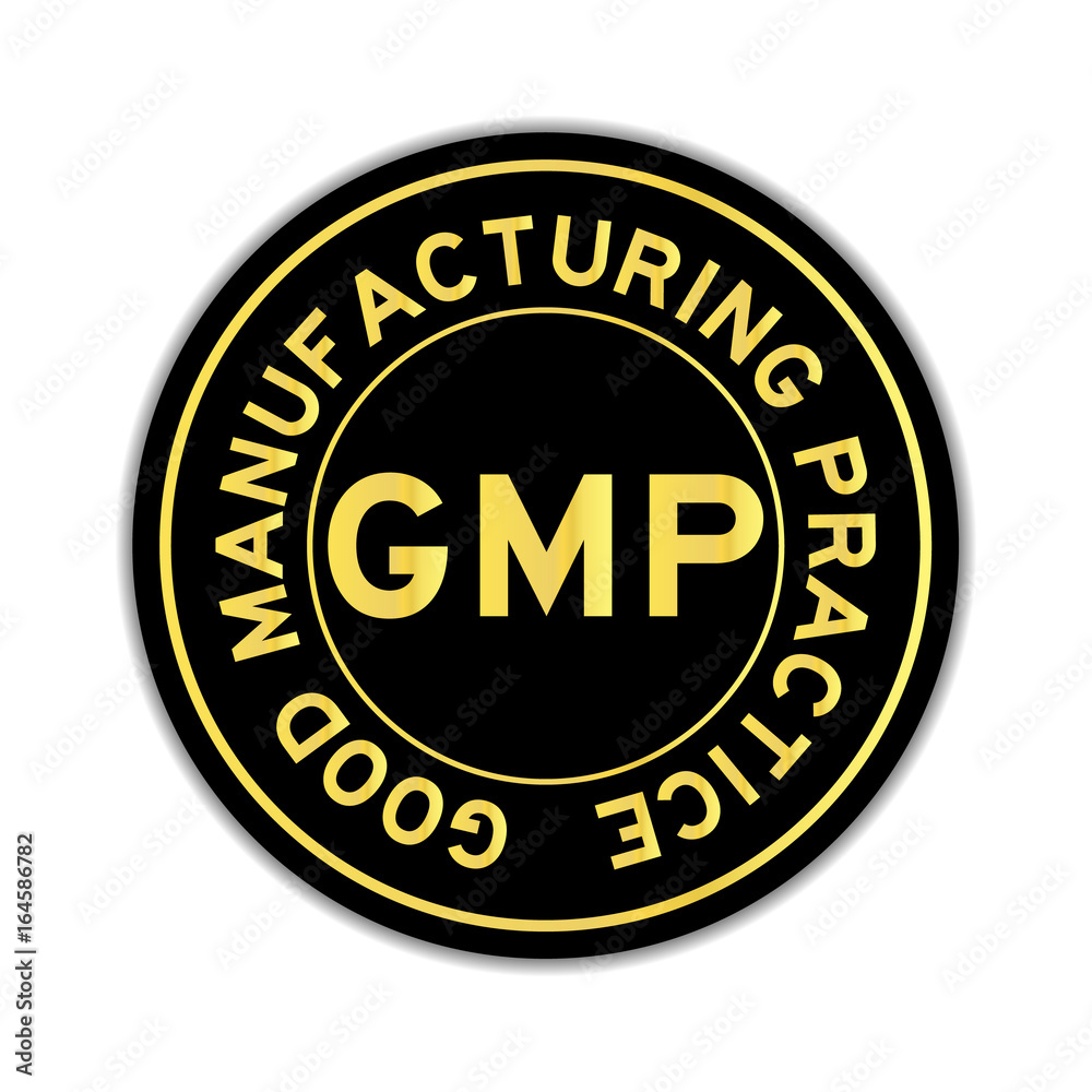 Gold color of word GMP Good manufacturing practice on black round sticker on white background
