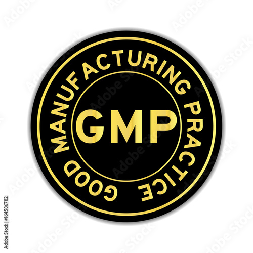 Gold color of word GMP Good manufacturing practice on black round sticker on white background