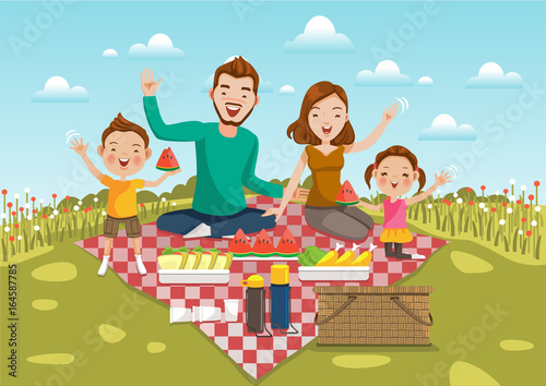 Dad,mom, son,daughter are resting in nature of summer.Sit on a green meadow with  field of flowers and bright sky.Smiling, waving,motion,Happy family on a picnic Holiday travel. Vector illustration.