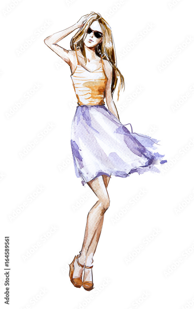 Watercolor fashion illustration, summer look Watercolor fashion illustration, summer look