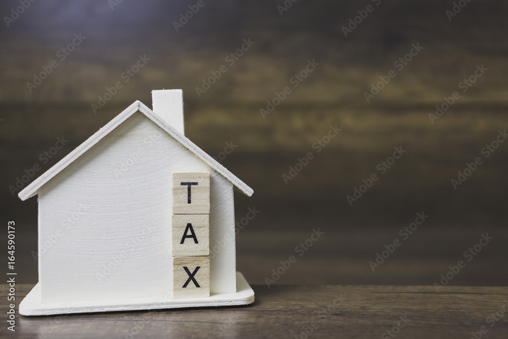 House model with tax word on wooden blocks House model with tax word on wooden blocks