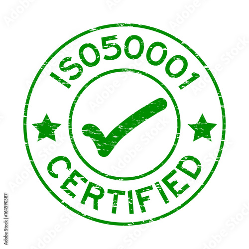 Grunge green ISO 50001 with mark icon round rubber seal stamp on white background
