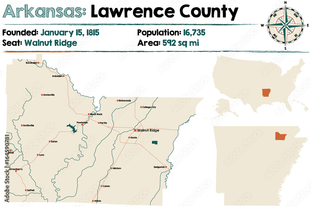 Obraz premium Large and detailed map of Arkansas - Lawrence county