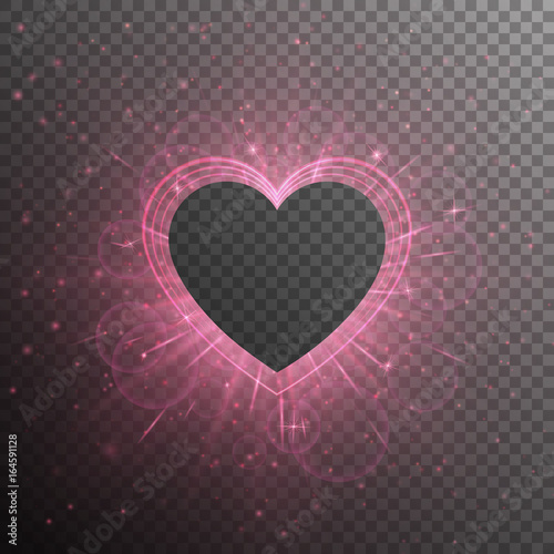 Glow background with light rays. A shiny frame in the shape of hearts on a transparent backdrop. Vector design for St. Valentine's Day.
