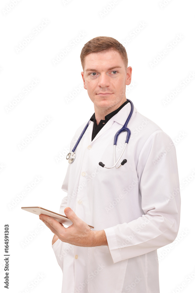 Portrait of young male doctor holding tablet on white background Portrait of young male doctor holding tablet on white background