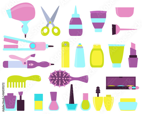 A set of beauty salon icons. Equipment and cosmetics. Vector illustration