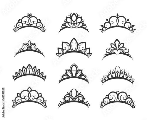 Vector tiara set. Beautiful queen tiaras or princess crown silhouettes for wedding cards and vignettes photo