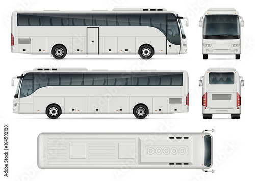 Bus vector template for car branding and advertising. Isolated coach bus set on white background. All layers and groups well organized for easy editing and recolor. View from side, front, back, top. photo