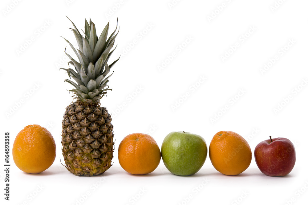 photo of oranges, apples and pineapple on a white background photo of oranges, apples and pineapple on a white background