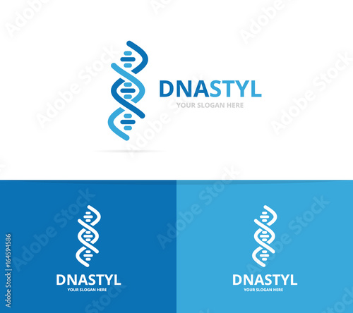 Vector of dna and chromosome logo combination. Gene and helix symbol or icon. Unique spiral and molecular logotype design template.