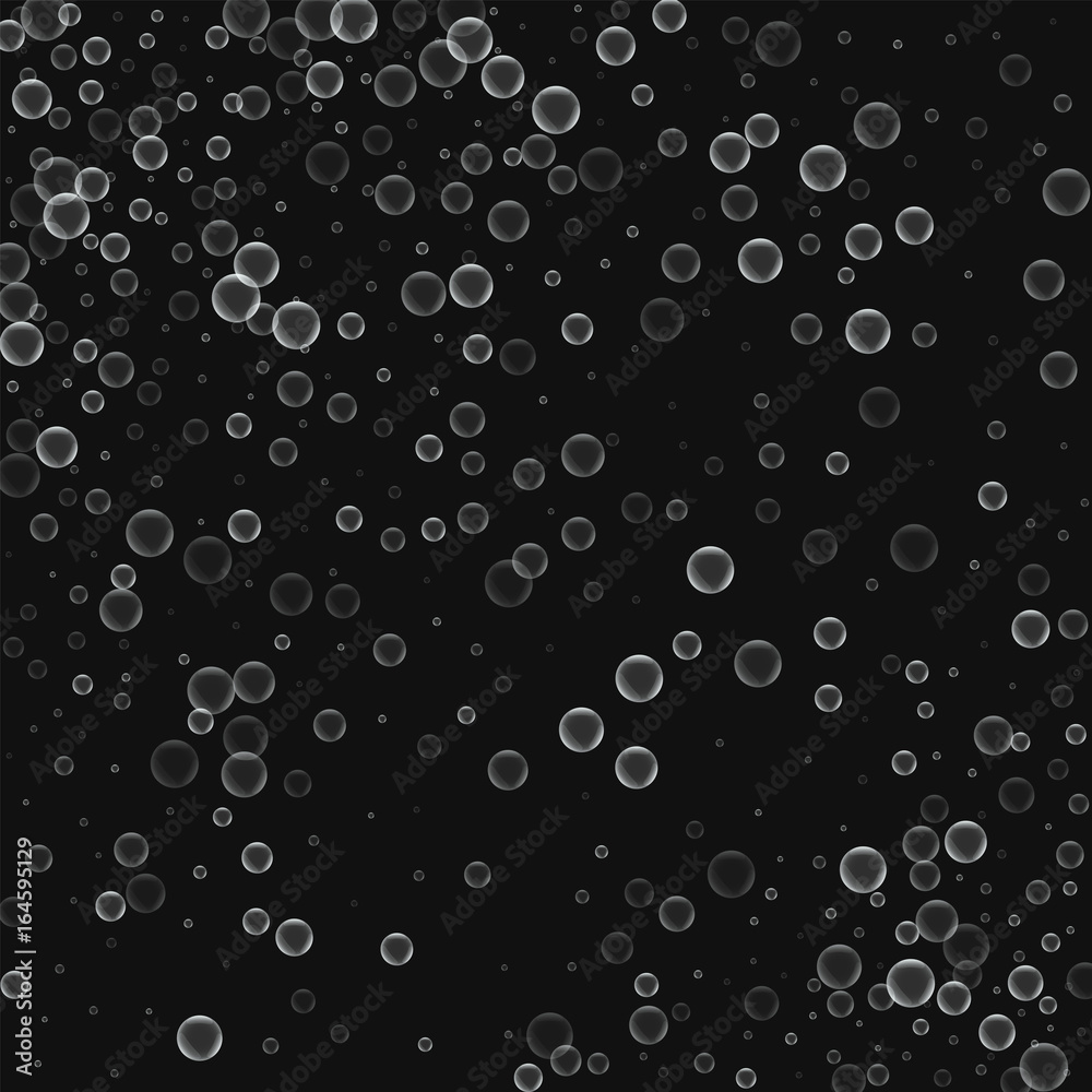 Soap bubbles. Scatter pattern with soap bubbles on black background. Vector illustration.