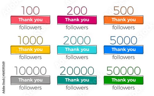 Set of trendy geometric Thank you followers banners with numbers. Vector design