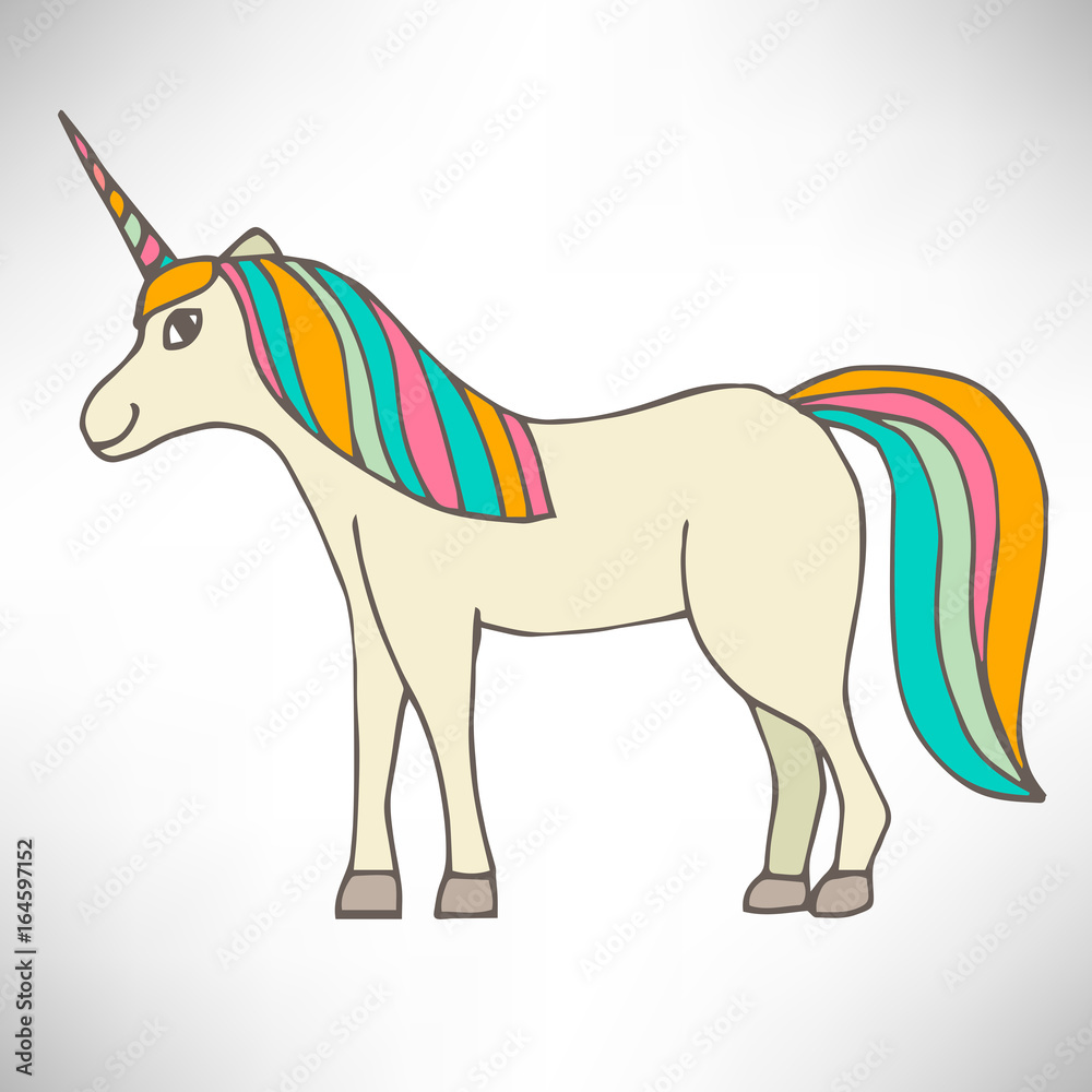 Obraz premium Cute colorful hand drawn full-length smiling unicorn in profile with thin line contour isolated on white background. Vector illustration.