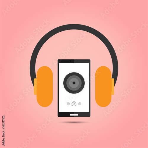 Mobile device with headphone music on pink background. vector illustration. eps10