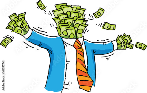 A cartoon stash of money wearing a suit like a man.