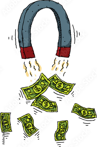 A cartoon magnet that is attracting cash money bills.