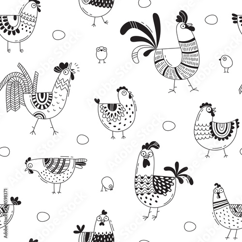 Seamless pattern with chickens, roosters, eggs in cartoon style, line art. Background for design cover product packaging, advertising banner, card