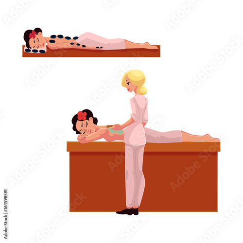 Cosmetician, beautician applying clay mask on young woman back, cartoon vector illustration on white background. Young woman getting clay mask, wrapping in spa salon, lying on massage table, relaxing