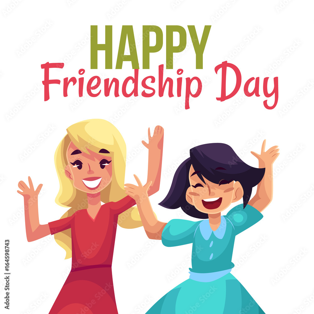 Happy friendship day greeting card design with happy children girls, jumping in excitement, cartoon vector illustrations isolated on white background. Happy, cheerful cartoon style kids Happy friendship day greeting card design with happy children girls, jumping in excitement, cartoon vector illustrations isolated on white background. Happy, cheerful cartoon style kids
