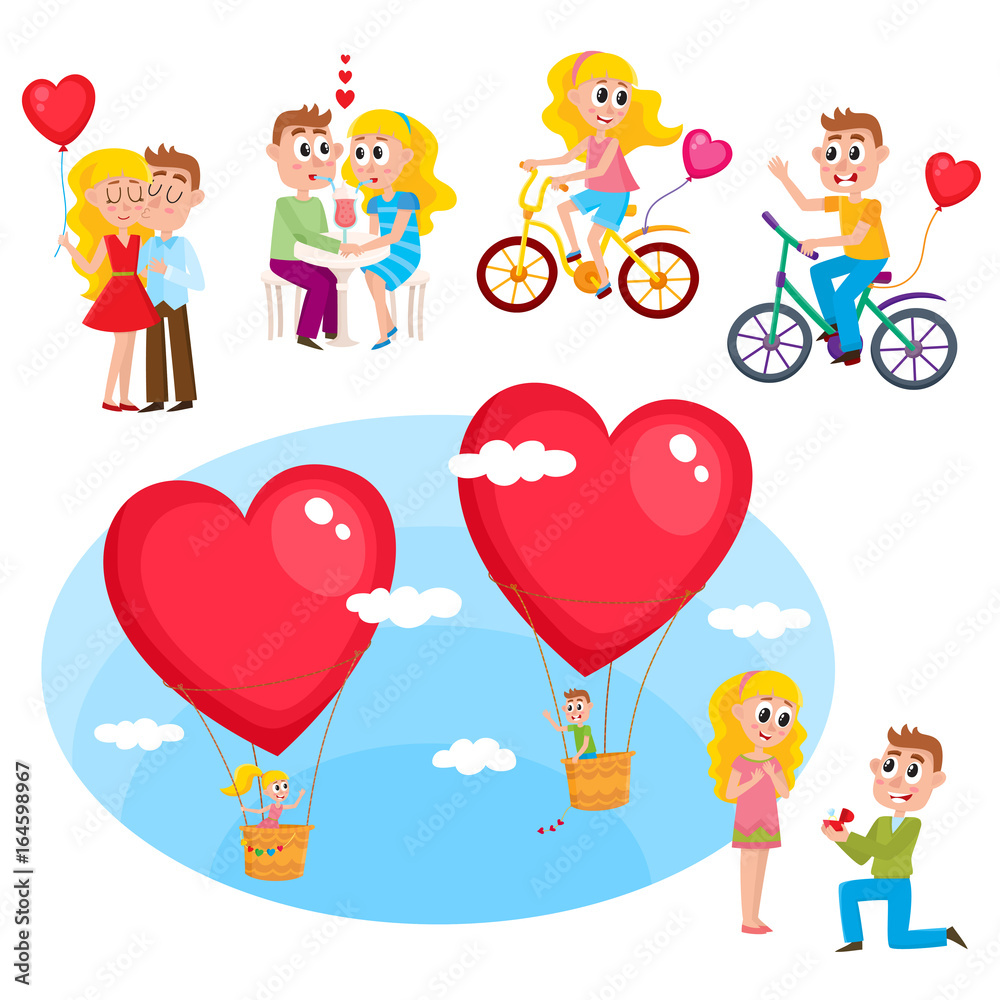 Loving couple set - kissing, dating, making proposal, romantic relationships, happy together, cartoon, comic vector illustration isolated on white background. Loving couple, kissing, dating, proposal Loving couple set - kissing, dating, making proposal, romantic relationships, happy together, cartoon, comic vector illustration isolated on white background. Loving couple, kissing, dating, proposal