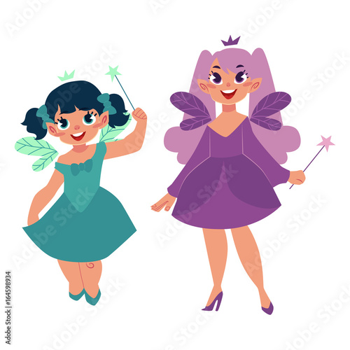 Vector fairy girl illustration on white background Two Cute cartoon smiling children with butterfly wings wearing queen crown isolated. Magic flying kid holding magic star wand. Design element
