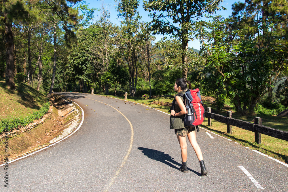 Beautiful woman hiker standing on forest trail and looking away. Female with backpack on hike in nature.  Travel Concept