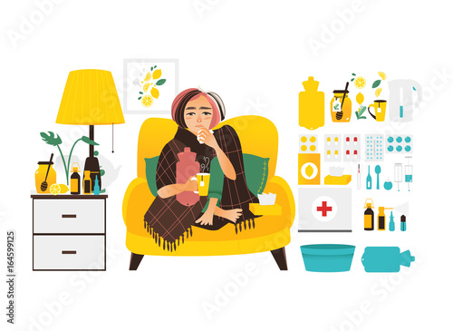 Sick woman sitting at home and big set of cold, influenza treatment elements, flat vector illustration isolated on white background. Sick woman and flu, cold related elements, medicines, objects
