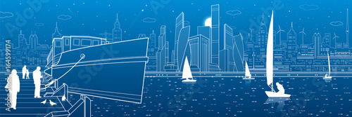 Ship on the river. People are walking on the pier. Yachts on the water. Modern city in the background. White lines infrastructure illustration. Vector design art