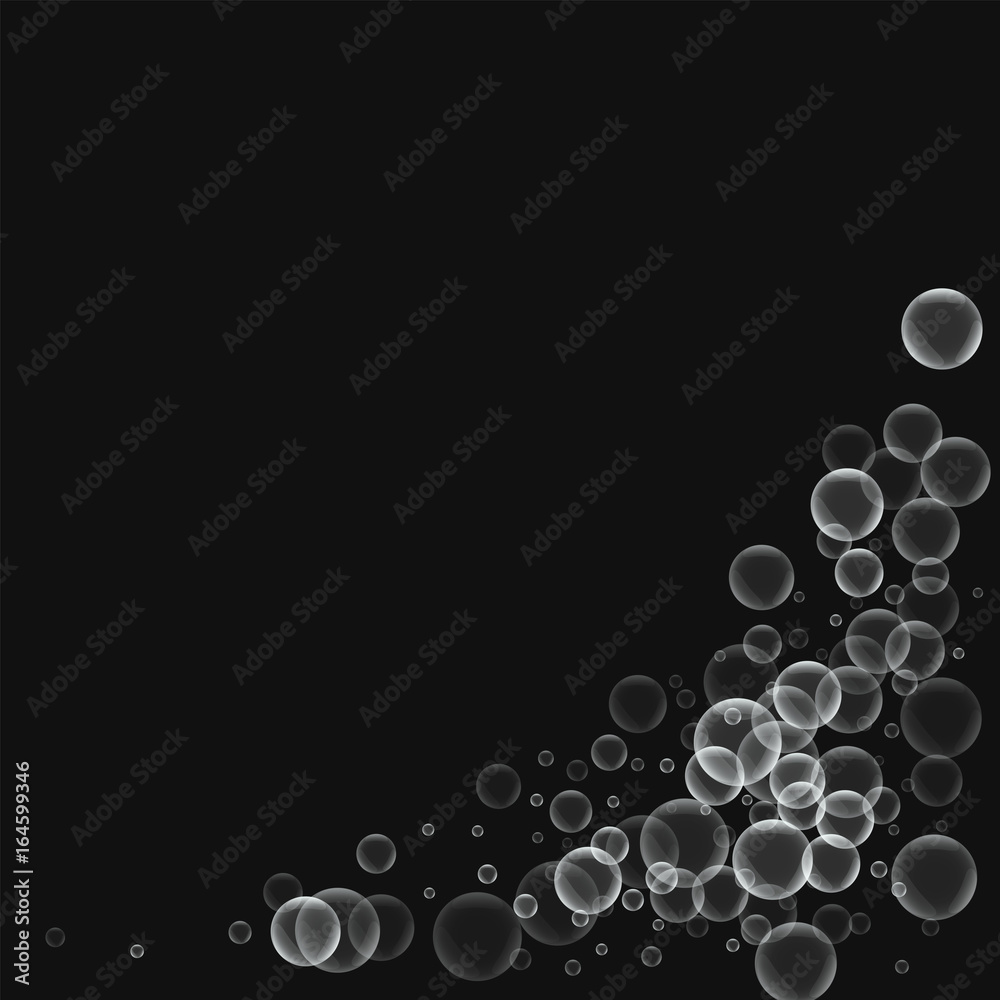 Random soap bubbles. Bottom right corner with random soap bubbles on black background. Vector illustration.
