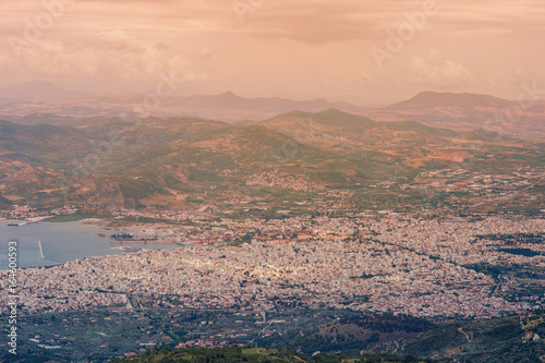 Panorama of the Greek city of Volos at sunset. Volos Greece. View from the mountain on the Volos © flowertiare