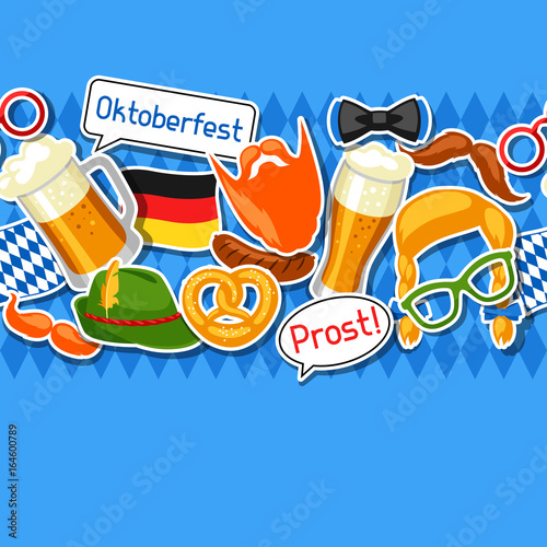 Oktoberfest seamless pattern with photo booth stickers. Background for festival and party