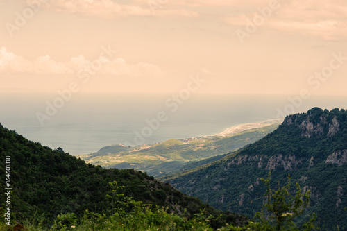Panorama of the Greek city of Katerini at sunset. Katerini Greece. View from the mountain on the Katerini. © flowertiare