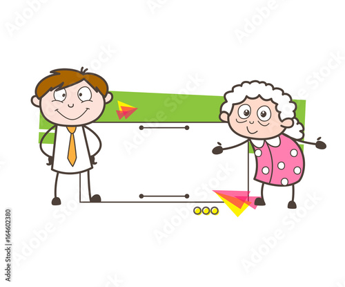Cartoon Granny and Young Boy with Ad Banner Vector Illustration