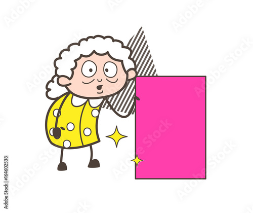 Cartoon Granny with Pink Banner Vector Illustration