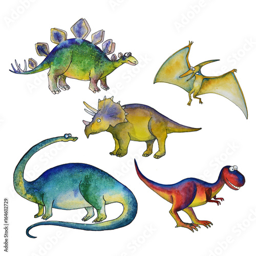 Jurassic period dinosaurs set with Diplodocus triceratops pterodactyl tyrannosaurus and diplodocus ancient conch and giant fishes isolated watercolor illustration