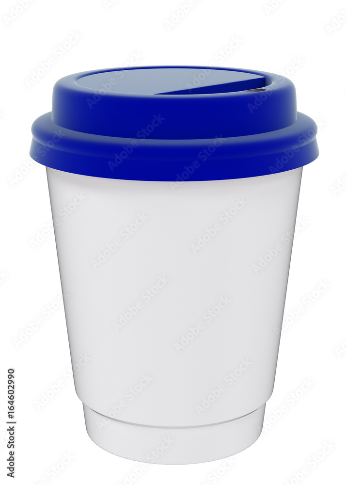 3D illustration of a mockup cardboard cup of coffee or tea to takeaway with blue plastic cap. With shadow on white background