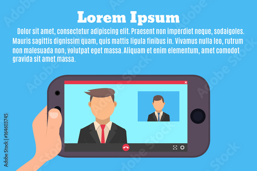 Smartphone in hand. The interface of the video call application. Videochat between businessmen. Vector illustration in a flat style