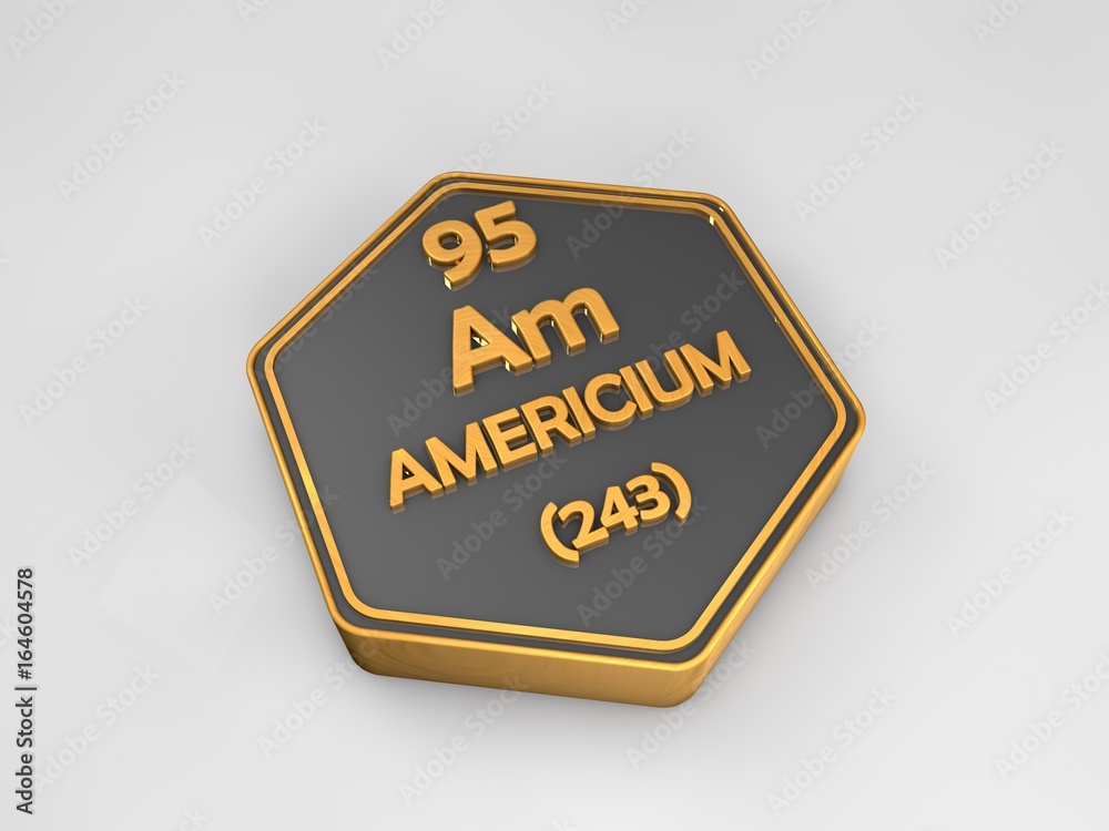 Americium - Am - chemical element periodic table hexagonal shape 3d render
