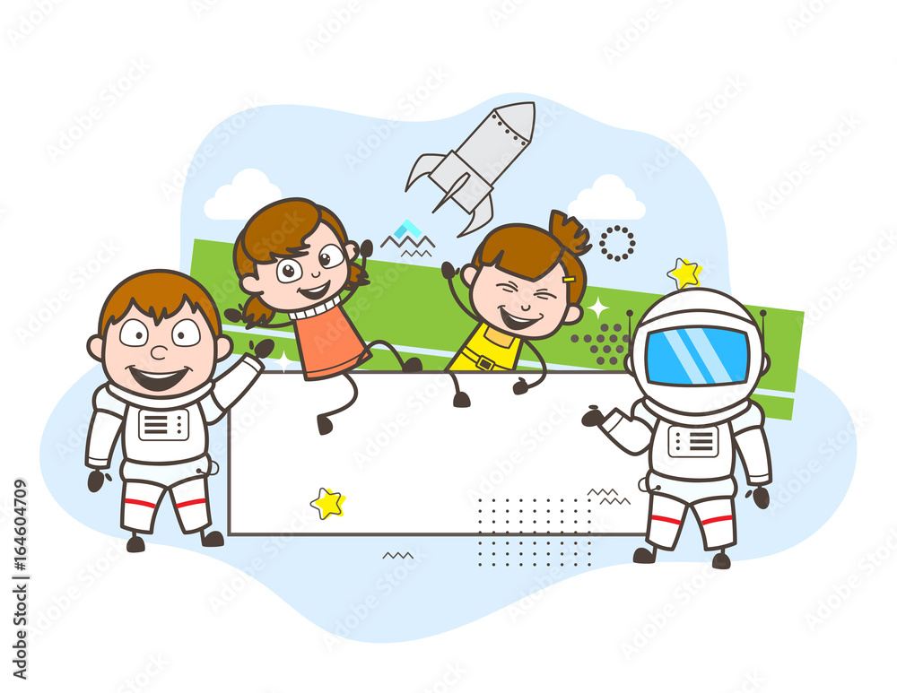 Cartoon Astronaut with Happy Kids and Banner Vector Illustration Stock ...