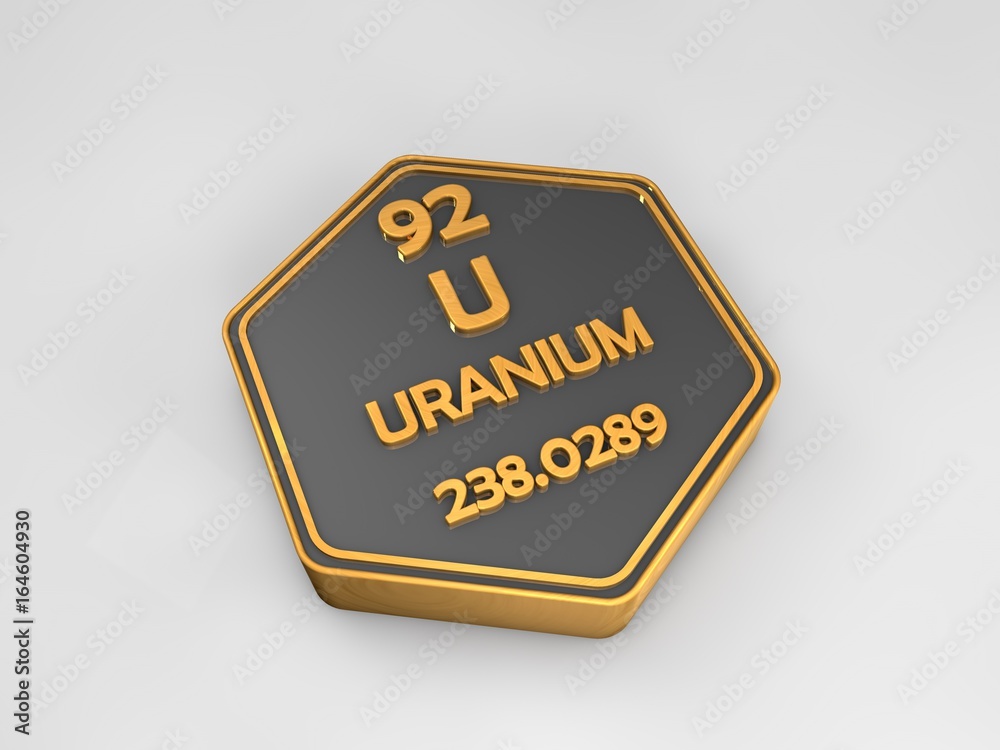 Uranium - U - chemical element periodic table hexagonal shape 3d render Uranium - U - chemical element periodic table hexagonal shape 3d render
