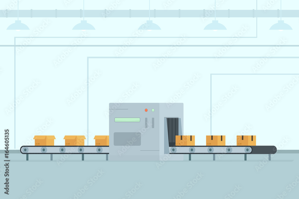Fototapeta premium Conveyor belt with boxes on factory
